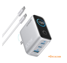 Anker Gan Charger 100W PD, 3-Ports, Display, with USB-C Cable Silver (B121BG41)