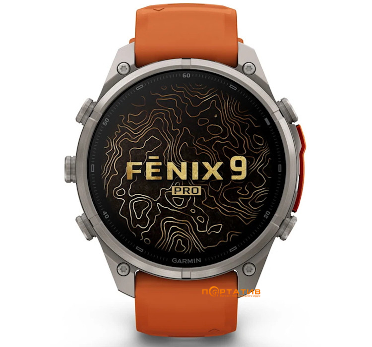 Смарт-годинник Garmin Fenix 9 Pro – inReach, 47mm, Titanium with Autumn Orange/Spark Orange Silicone Band (010-04336-01)