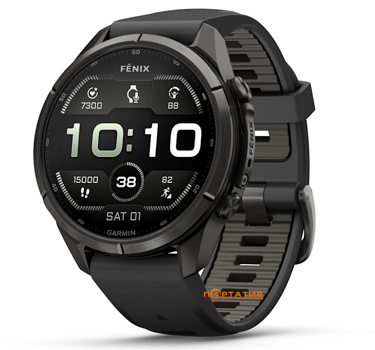 Смарт-годинник Garmin Fenix 9 Pro – inReach, 43mm, Carbon Gray DLC Titanium with Black/Pebble Grey Silicone Band (010-04335-11)