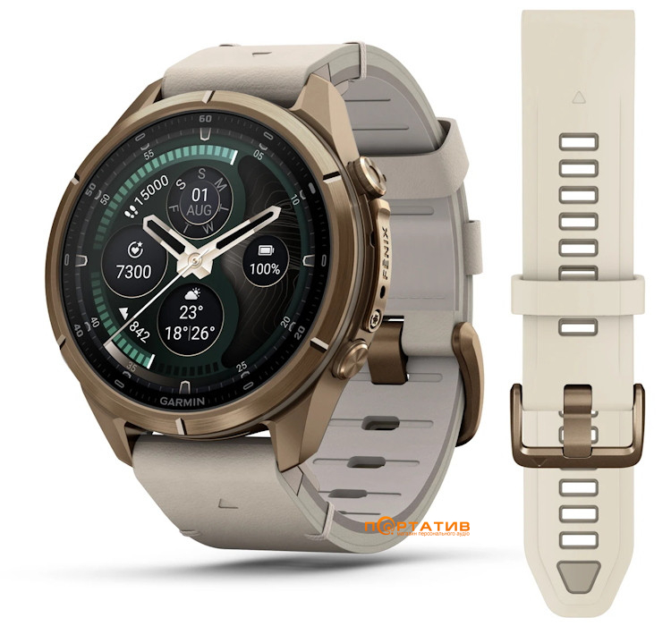 Смарт-годинник Garmin Fenix 9 Pro – inReach, 43mm, Autumn Gold Titanium with Bone Leather Band (010-04335-41)