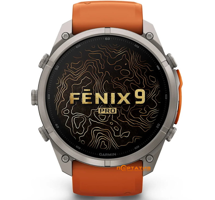 Cмарт-годинник Garmin Fenix 9 Pro – inReach, 51mm, Titanium with Autumn Orange/Spark Orange Silicone Band (010-04337-01)