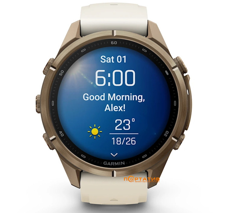 Смарт-годинник Garmin Fenix 9 Pro – 43mm, Autumn Gold Titanium with Cream/French Grey Silicone Band (010-04335-26)