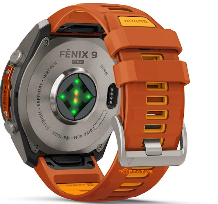 Cмарт-годинник Garmin Fenix 9 Pro – inReach, 51mm, Titanium with Autumn Orange/Spark Orange Silicone Band (010-04337-01)