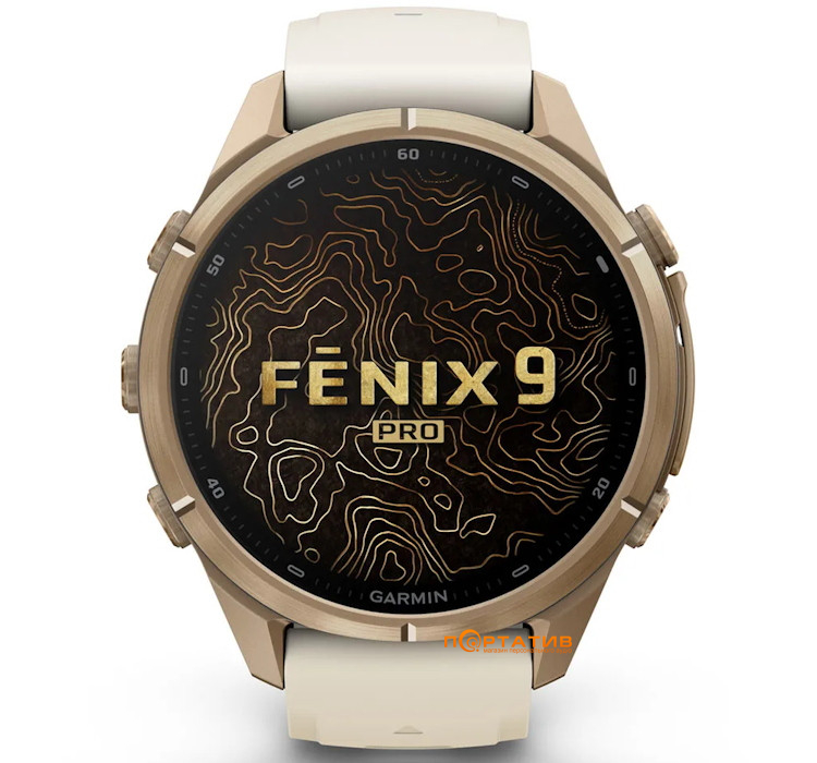 Смарт-годинник Garmin Fenix 9 Pro – inReach, 43mm, Autumn Gold Titanium with Cream/French Grey Silicone Band (010-04335-21)