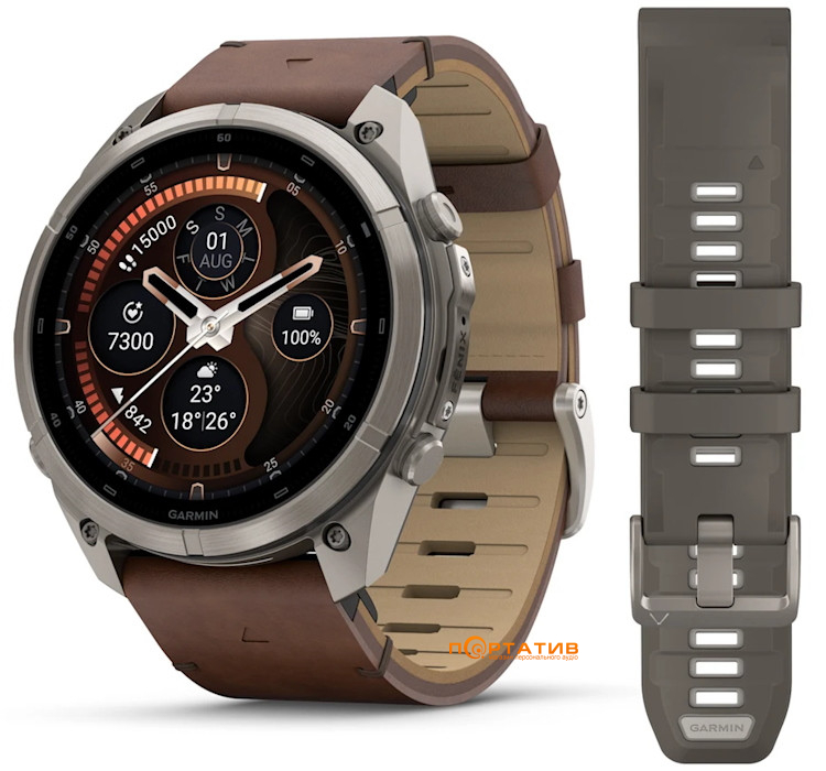 Смарт-годинник Garmin Fenix 9 Pro – inReach, 51mm, Titanium with Walnut Leather Band (010-04337-41)