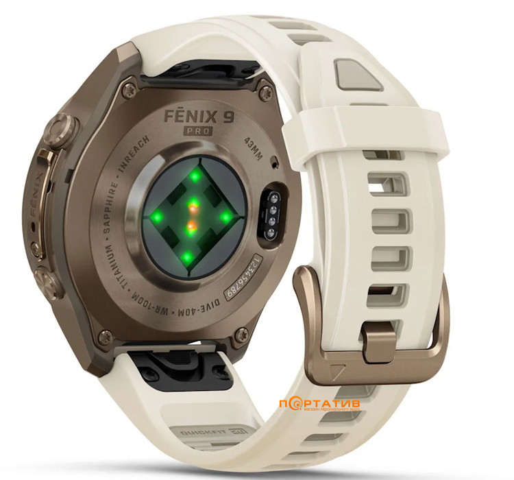 Смарт-годинник Garmin Fenix 9 Pro – inReach, 43mm, Autumn Gold Titanium with Cream/French Grey Silicone Band (010-04335-21)