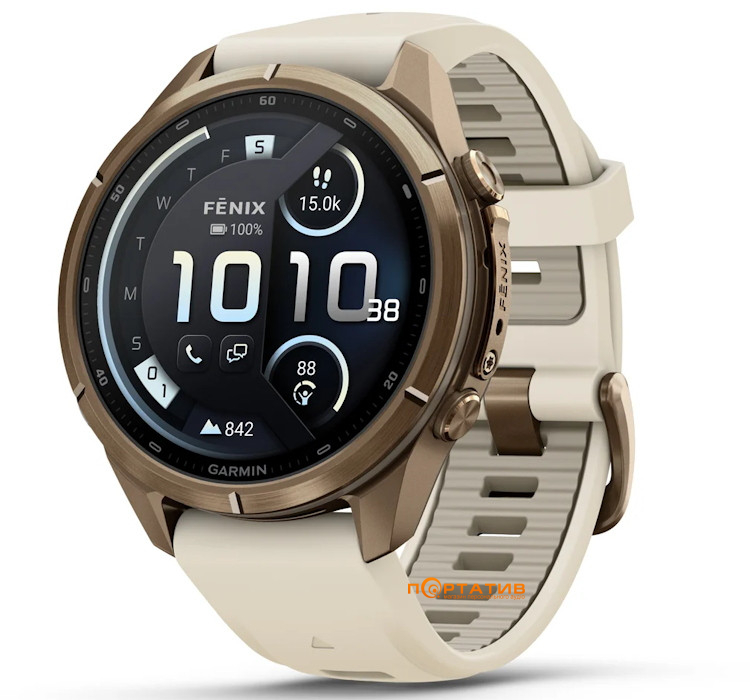 Смарт-годинник Garmin Fenix 9 Pro – inReach, 43mm, Autumn Gold Titanium with Cream/French Grey Silicone Band (010-04335-21)