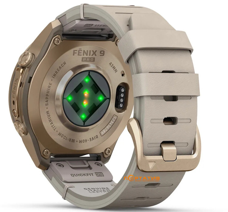 Смарт-годинник Garmin Fenix 9 Pro – inReach, 43mm, Autumn Gold Titanium with Bone Leather Band (010-04335-41)