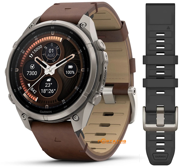 Смарт-годинник Garmin Fenix 9 Pro – inReach, 47mm, Titanium with Walnut Leather Band (010-04336-41)