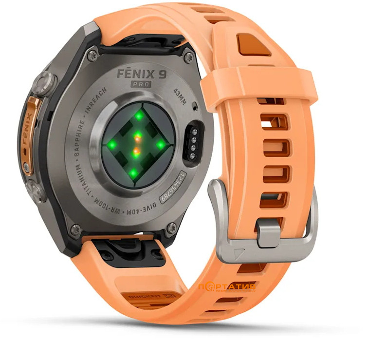 Смарт-годинник Garmin Fenix 9 Pro – inReach, 43mm, Titanium with Shell Pink/Autumn Orange Silicone Band (010-04335-01)