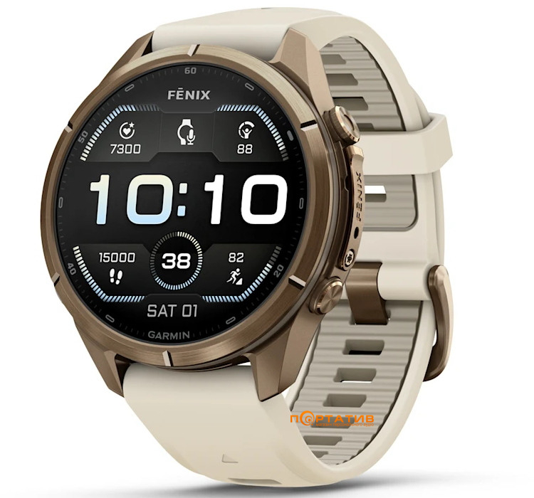 Смарт-годинник Garmin Fenix 9 Pro – 43mm, Autumn Gold Titanium with Cream/French Grey Silicone Band (010-04335-26)
