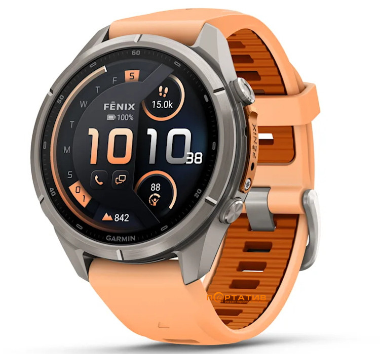 Смарт-годинник Garmin Fenix 9 Pro – inReach, 43mm, Titanium with Shell Pink/Autumn Orange Silicone Band (010-04335-01)