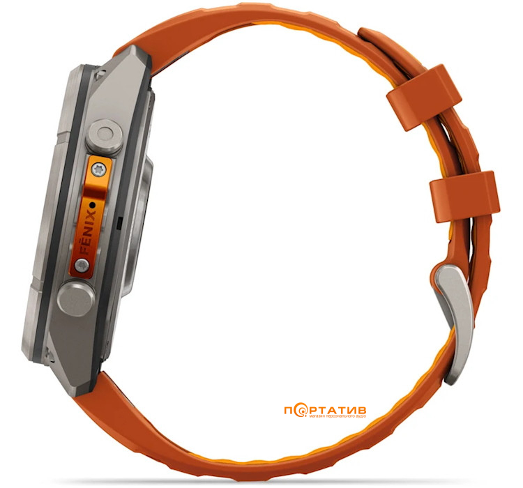 Смарт-годинник Garmin Fenix 9 Pro – inReach, 47mm, Titanium with Autumn Orange/Spark Orange Silicone Band (010-04336-01)