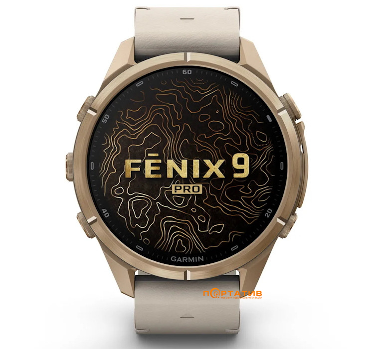Смарт-годинник Garmin Fenix 9 Pro – inReach, 43mm, Autumn Gold Titanium with Bone Leather Band (010-04335-41)