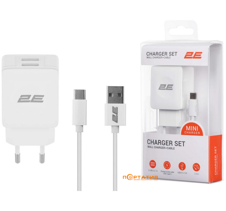 Зарядное устройство 2E Wall Charger Dual USB-A 2.1 A + Cable USB-C White (2E-WC1USB2.1A-CC)