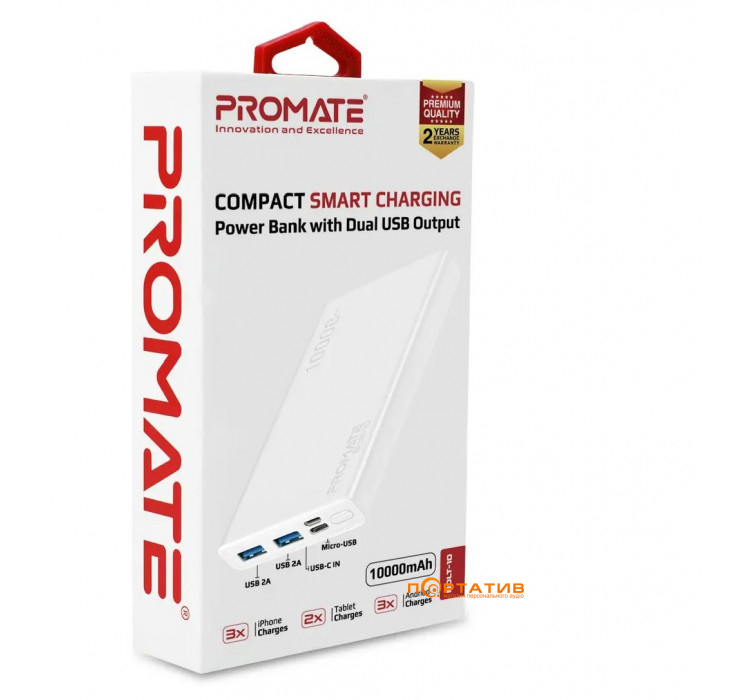 Зовнішній акумулятор Promate Bolt-10 10000mAh 10W 2xUSB White