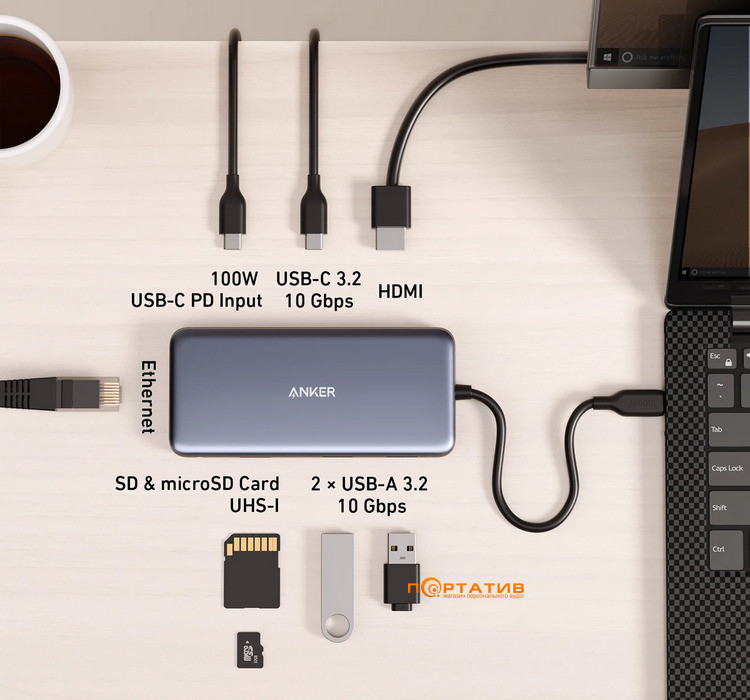 Хаб Anker PowerExpand 8-in-1, PD in 100W/HDMI/2xUSB-A/USB-C 10Gbps/LAN/SD (A83830A2)
