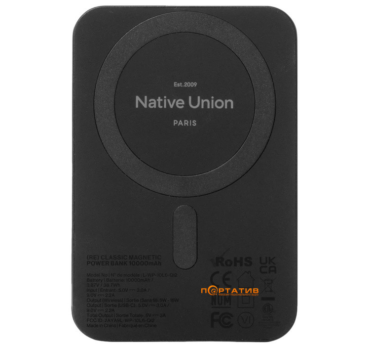 Зовнішній акумулятор Native Union (Re) Classic Magnetic 10 000mAh Black (PB-10KMS-BLK)