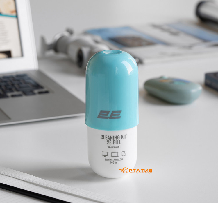 Очисний набір для оргтехніки 2E PILL (рідина 140 мл + серветка 20 см), біло-блакитний (2E-SK140BL)