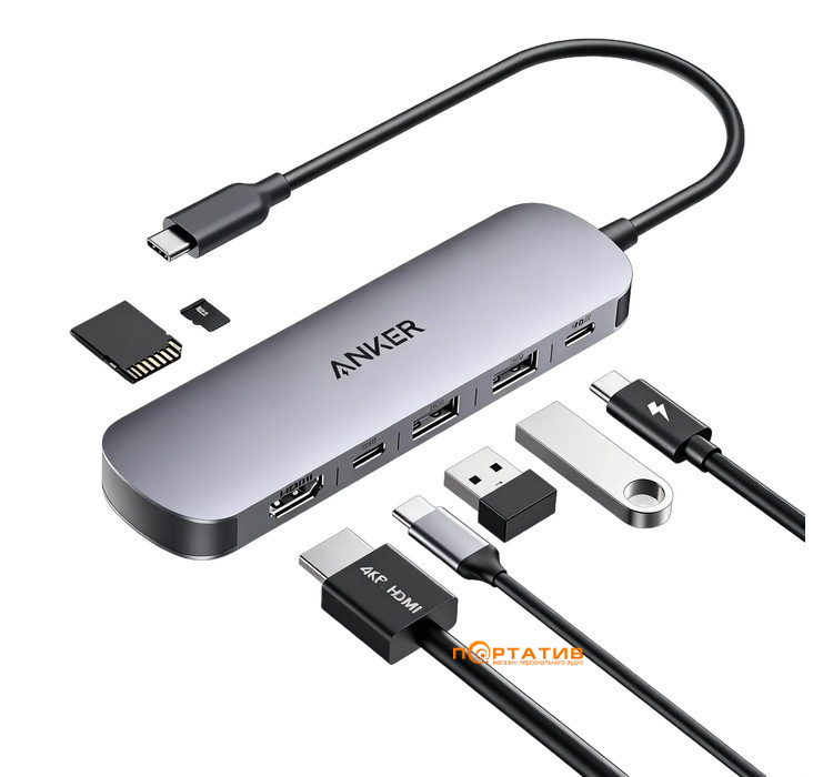 Хаб Anker Nano USB-C Hub 7-in-1, PD in 100W, 4K HDMI, 2xUSB-A, USB-C, SD (A83D2HA1)