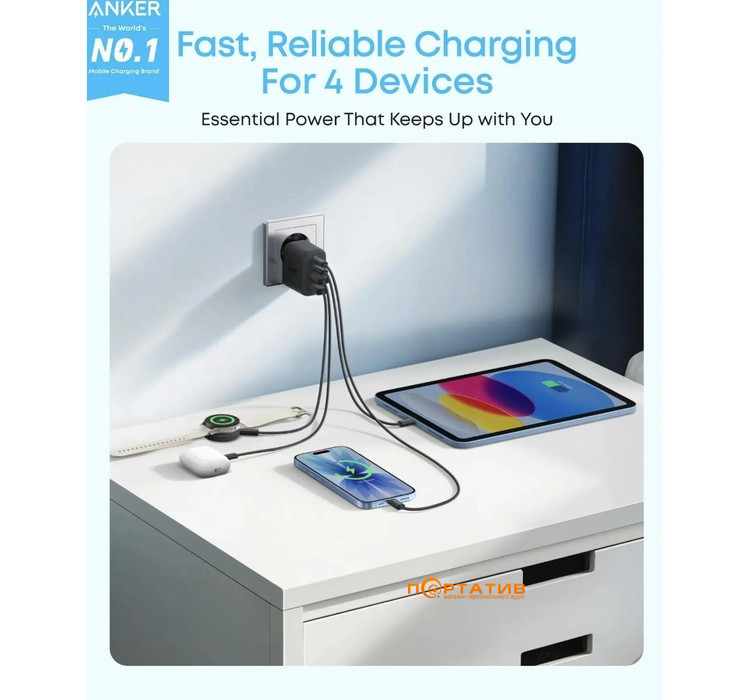 Зарядний пристрій Anker Zolo Charger 50W, 2xUSB-C, 2xUSB-A Black (A121EG11)