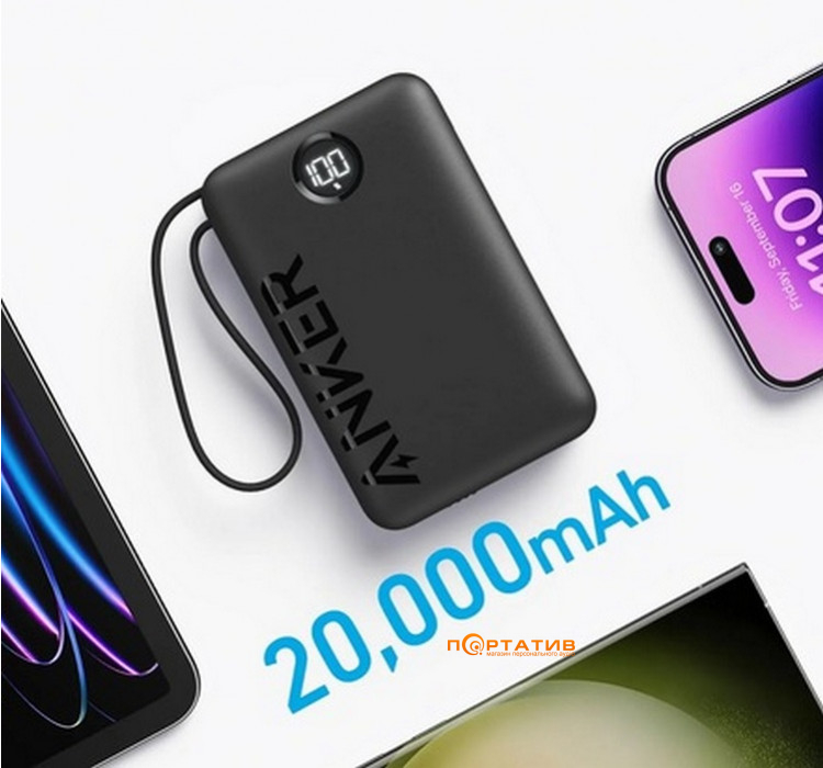 Зовнішній акумулятор Anker 335 20000 mAh 22.5W Built-In USB-C Cable PD Black (A1647G11)