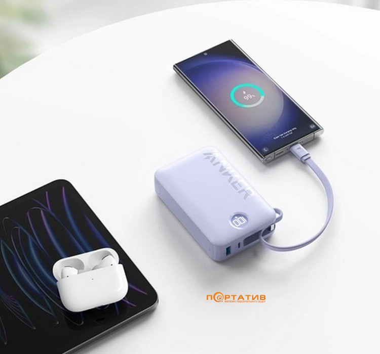 Зовнішній акумулятор Anker 335 20000 mAh 22.5W Built-In USB-C Cable PD Black (A1647G11)