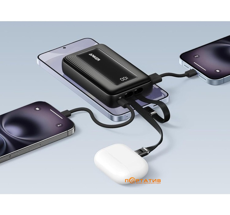 Зовнішній акумулятор Anker 20000 mAh 45W Built-In Dual USB-C Cables Black (A1681H12)