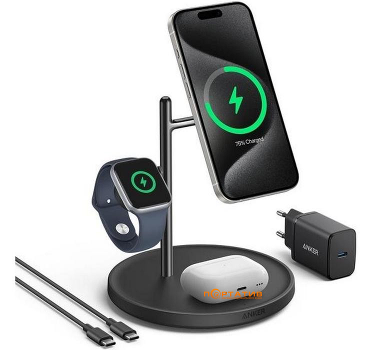 Беcпроводное ЗУ Anker MagGo 3-in-1 Wireless Charging Station 15W Qi2 Black (B25M3311)