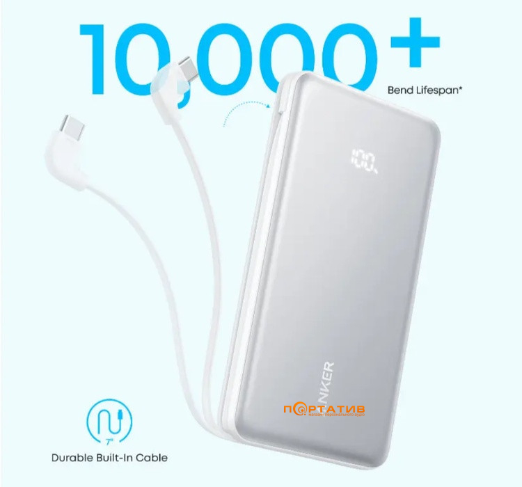 Зовнішній акумулятор Anker 10000 mAh 22,5W PD Built-In USB-C Cable White (A110DH21)