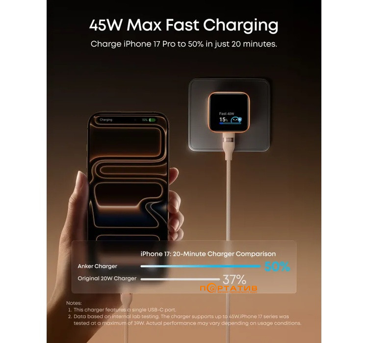 СЗУ Anker Nano Charger 45W USB-C Smart Display Black (A121DG11)