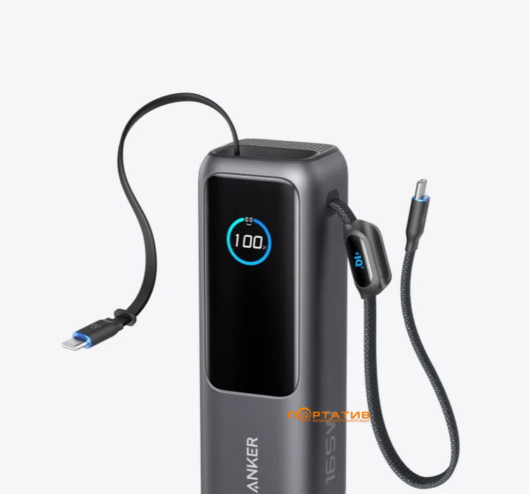 Внешний аккумулятор Anker 25000 mAh 165W PD Built-In Double USB-C Cables Black (A1695H11)