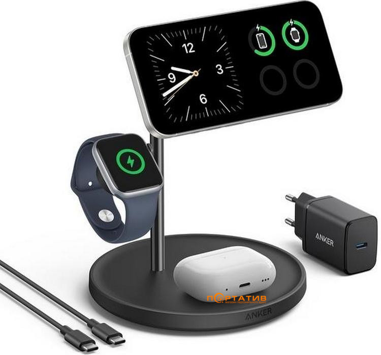 Беcпроводное ЗУ Anker MagGo 3-in-1 Wireless Charging Station 15W Qi2 Black (B25M3311)
