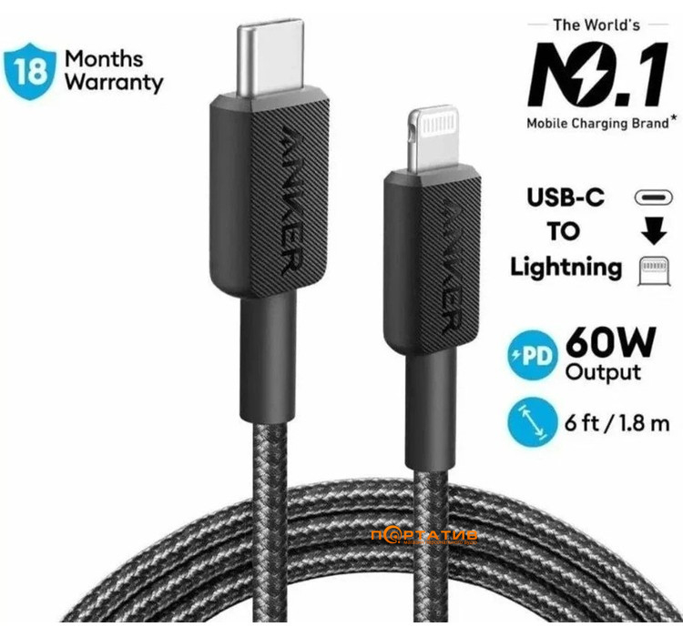 Кабель Anker 322 USB-C to Lightning - 1.8m Nylon Black (A81B6G11)