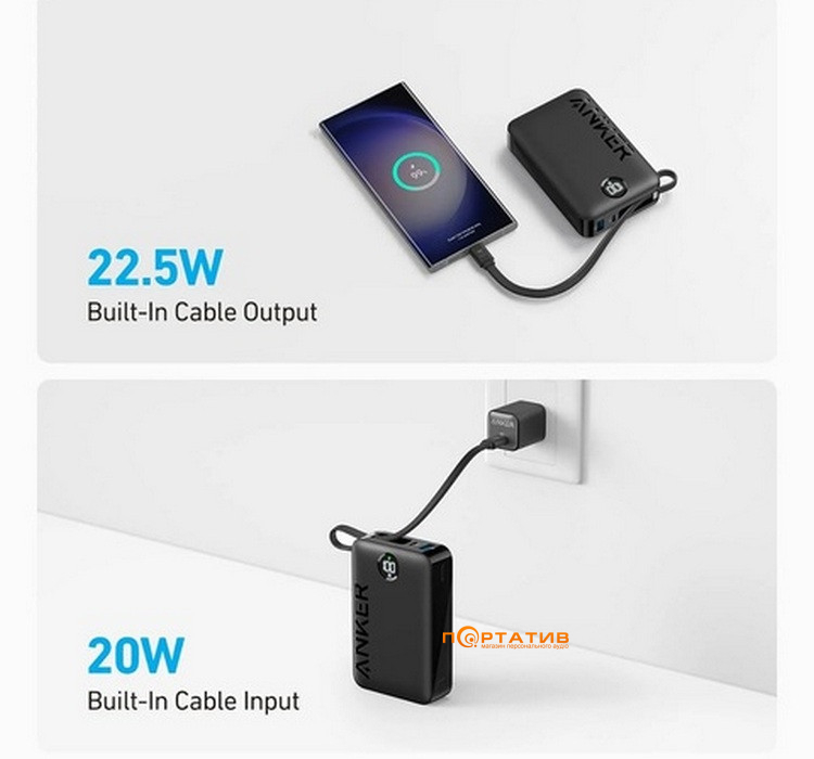Зовнішній акумулятор Anker 335 20000 mAh 22.5W Built-In USB-C Cable PD Black (A1647G11)