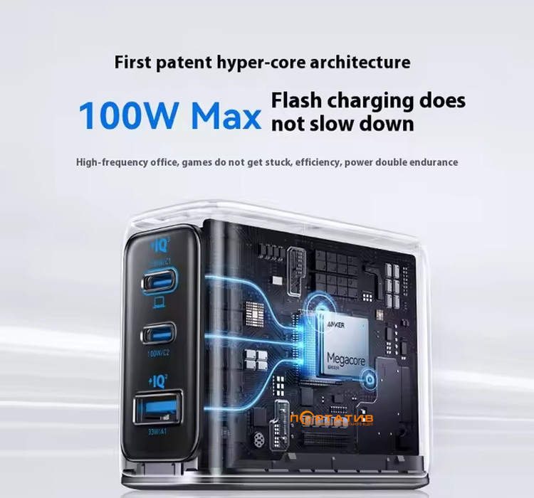 СЗУ Anker Gan Charger 100W PD, 3-Ports, Display, with USB-C Cable Silver (B121BG41)
