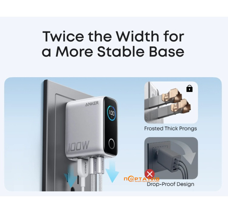 СЗУ Anker Gan Charger 100W PD, 3-Ports, Display, with USB-C Cable Silver (B121BG41)