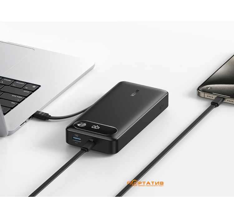 Зовнішній акумулятор Anker 20000 mAh 87W PD Built-In USB-C Cable Black (A1383H11)