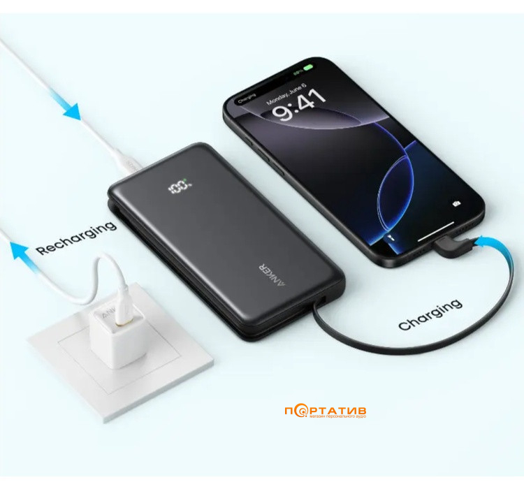 Внешний аккумулятор Anker 10000 mAh 22,5W PD Built-In USB-C Cable Black (A110DH11)