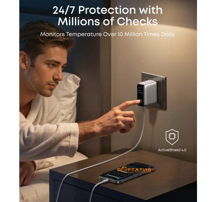 СЗУ Anker Gan Charger 100W PD, 3-Ports, Display, with USB-C Cable Silver (B121BG41)