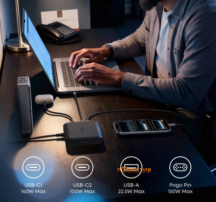 Мережевий зарядний пристрій Anker Charging Base for Anker Prime 150W, 2xUSB-C, 1xUSB-A, Pogo Pin (A1903G11)