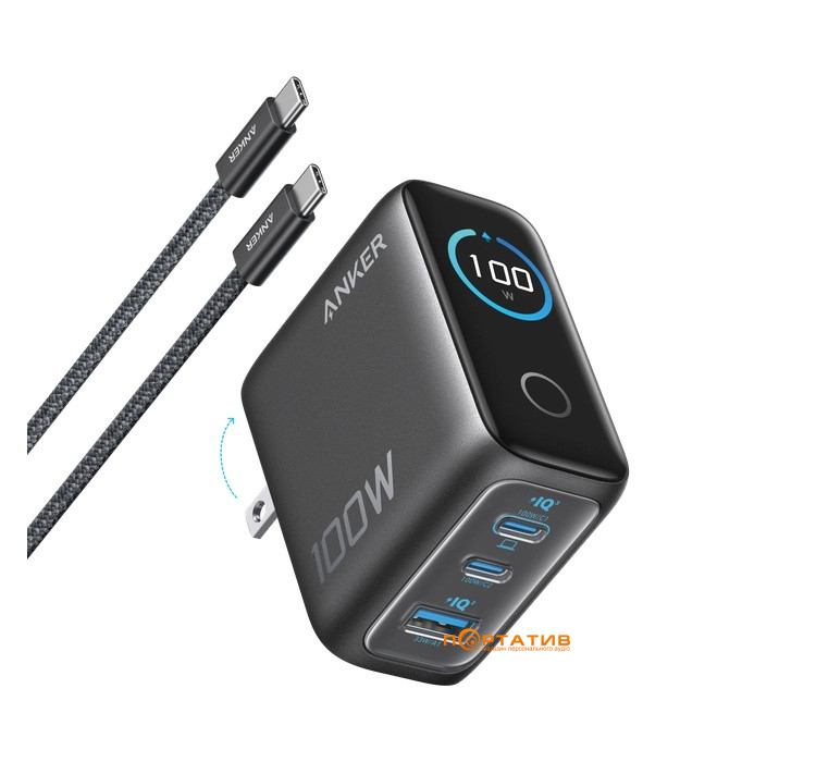 СЗУ Anker Gan Charger 100W PD, 3-Ports, Display, with USB-C Cable Dark Gray (B2697GZ1)