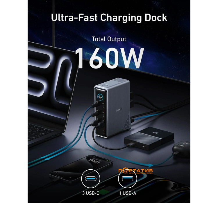 Док-станція Anker Prime Charging Docking Station 14-in-1, Dual Display, 160W Black (A83B63A1)