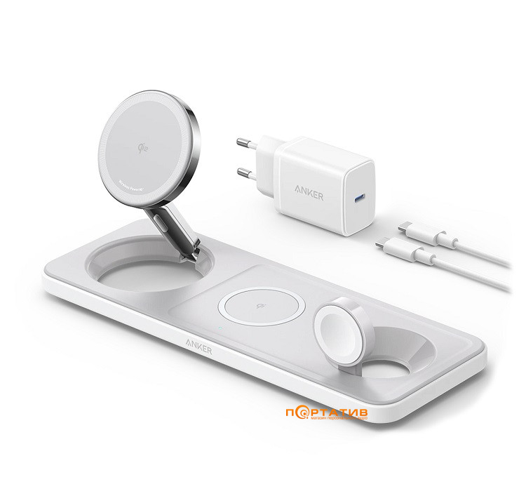 Бездротова зарядна панель Anker MagGo 3-в-1 15W Qi2 White (B25M1321)