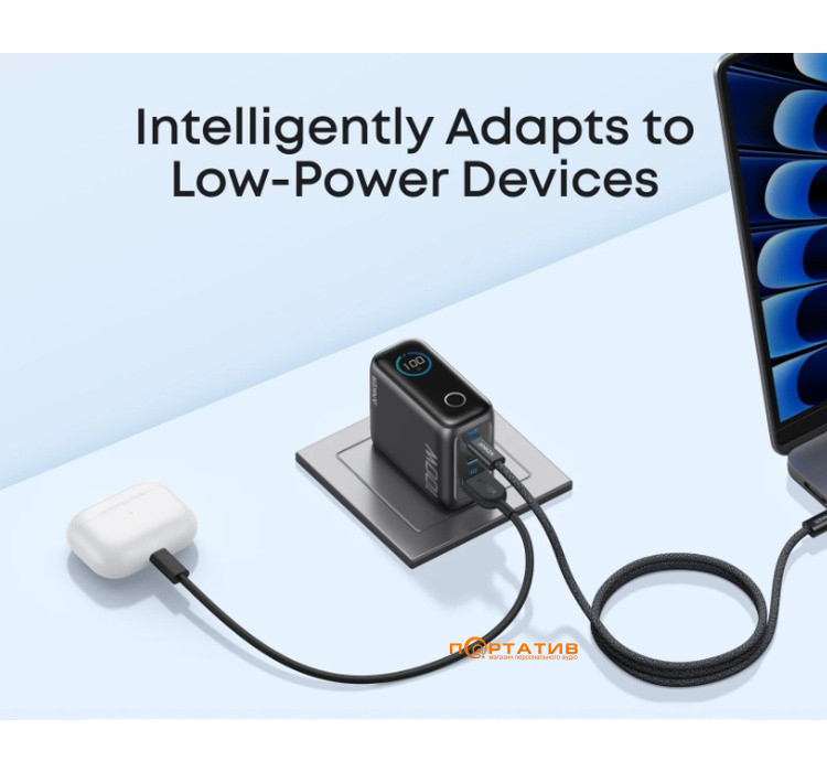 СЗУ Anker Gan Charger 100W PD, 3-Ports, Display, with USB-C Cable Dark Gray (B2697GZ1)
