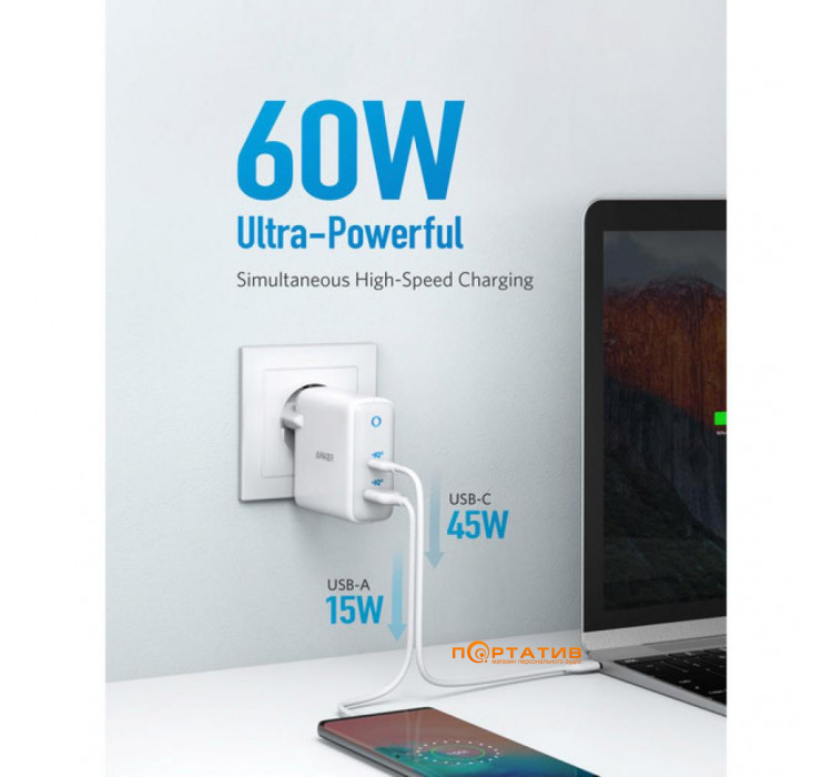 Anker Wall Charger PowerPort+ Atom III 60W Power IQ 3.0 White (A2322321/A2322G21)