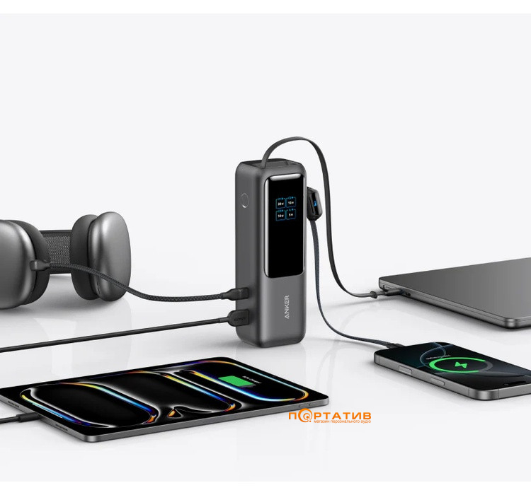 Внешний аккумулятор Anker 25000 mAh 165W PD Built-In Double USB-C Cables Black (A1695H11)