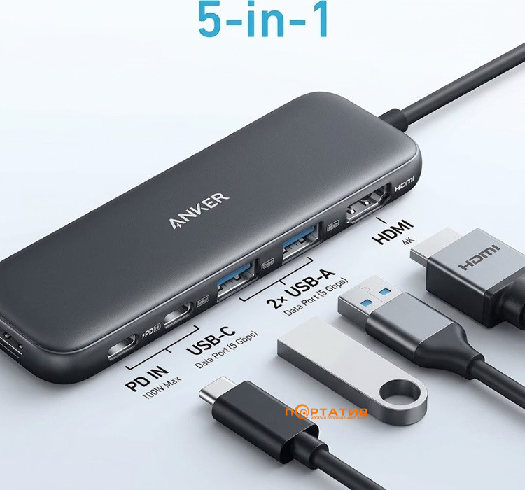Хаб Anker 332 USB-C Hub 5-in-1, PD in 100W, 4K HDMI, 2xUSB-A, USB-C 5Gbps (A8355H11)