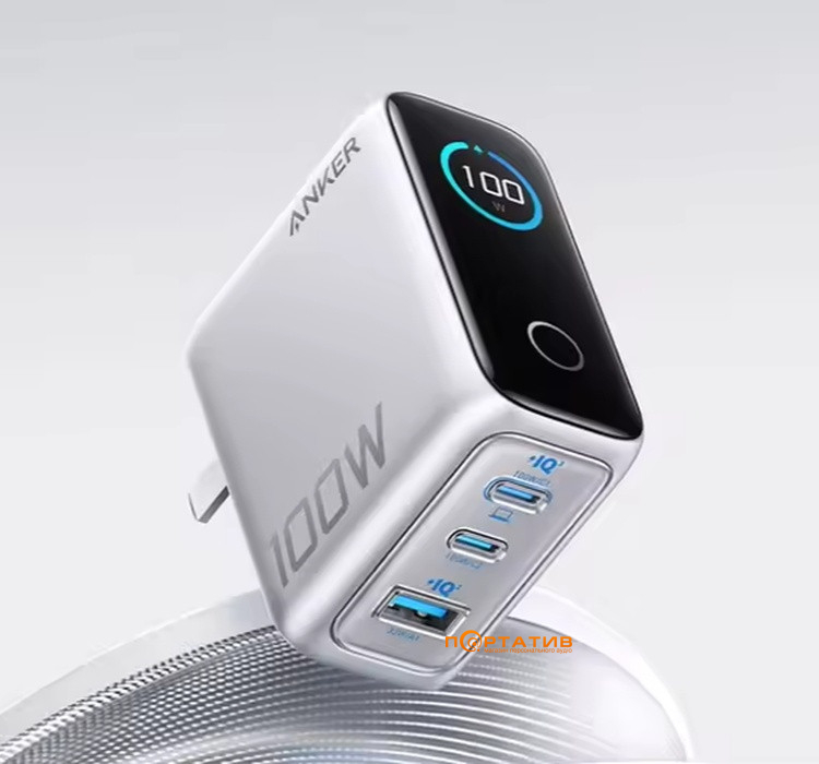СЗУ Anker Gan Charger 100W PD, 3-Ports, Display, with USB-C Cable Silver (B121BG41)