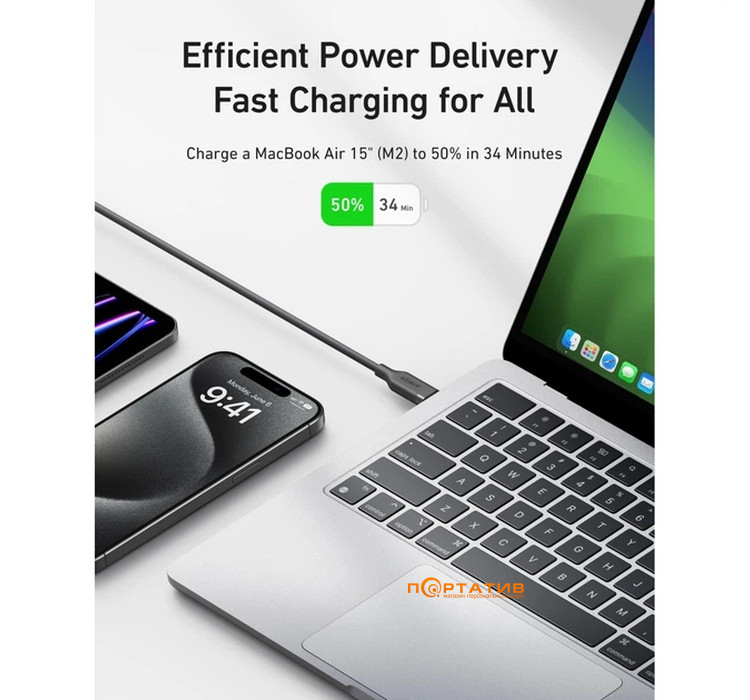 Кабель Anker USB4 USB-C to USB-C - 0.9m 240W 20 Gbps 4K Bio-Nylon Black (A80N1H11)